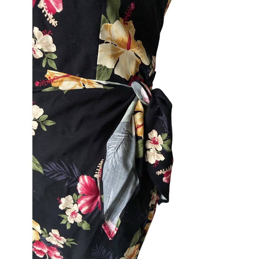 Vintage Iolani Womens Hawaiian Dress Size XS Black Floral Wrap Sleeveless Aloha - Picture 2 of 11